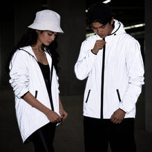 Retro-reflective windbreaker glowing white at night under flash — night safety for bikers and runners