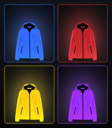 Light-reactive iridescent jacket shifting colour under blue, red, yellow and purple RGB light