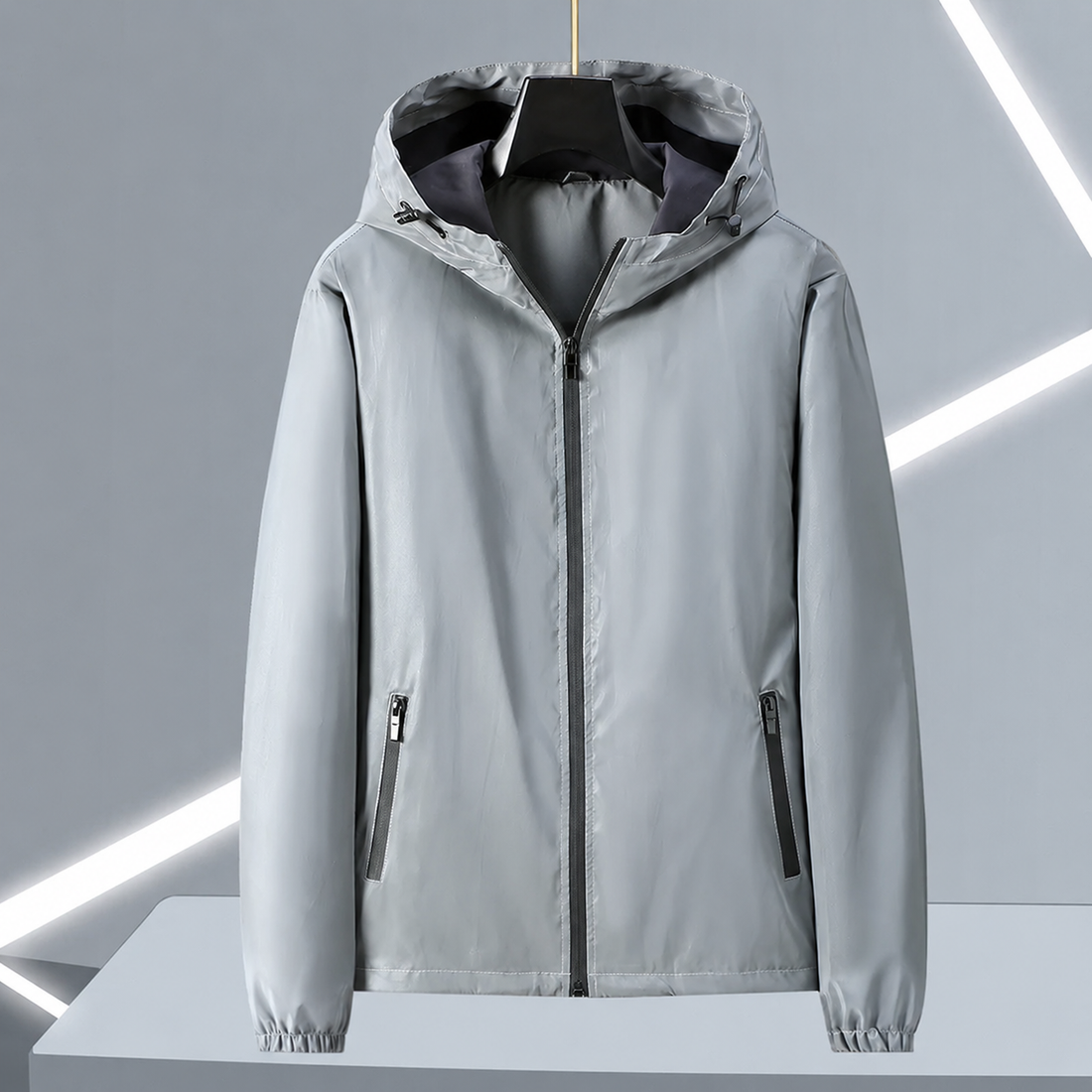 Chromaflux reflective windbreaker front view in daylight grey