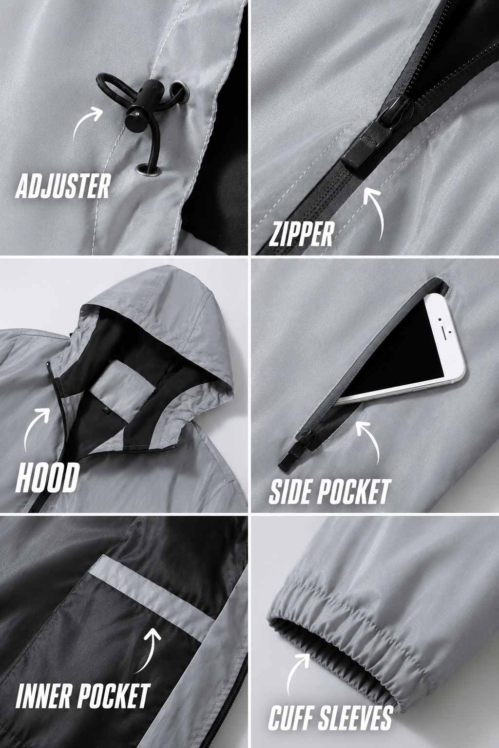 Chromaflux windbreaker features: adjustable hood, zipper, side and inner pockets, cuffed sleeves