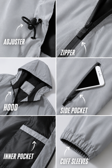 Chromaflux windbreaker features: adjustable hood, zipper, side and inner pockets, cuffed sleeves