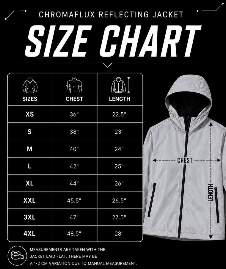 Chromaflux size chart XS to 4XL